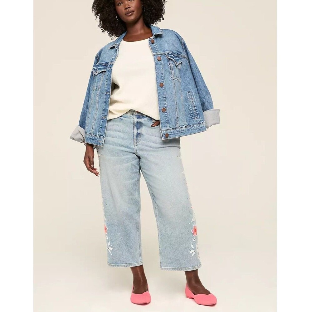 Lane Bryant Signature Fit Straight Leg Crop Jean 20P Lt Bl Embroidery Rhinestone - Picture 5 of 16